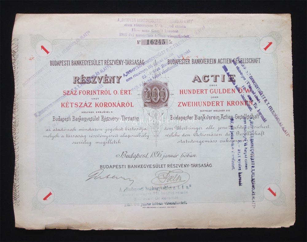 Budapesti Bankegyeslet rszvny 100 forint / 200 korona 1895